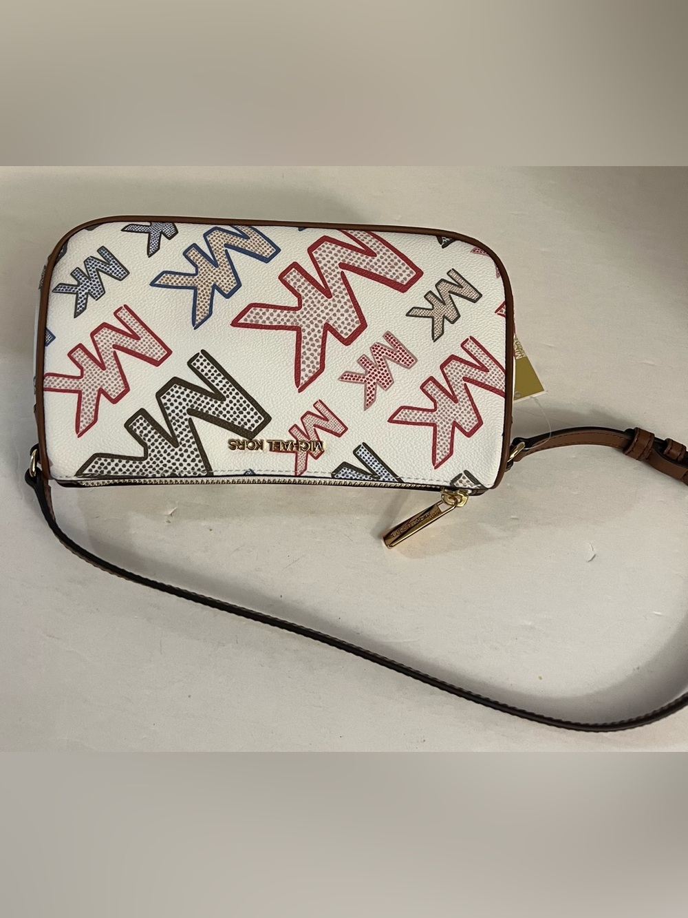 Michael Kors White Multicolor MK Logo Shoulder Bag with Brown Trim - Picture 13 of 16